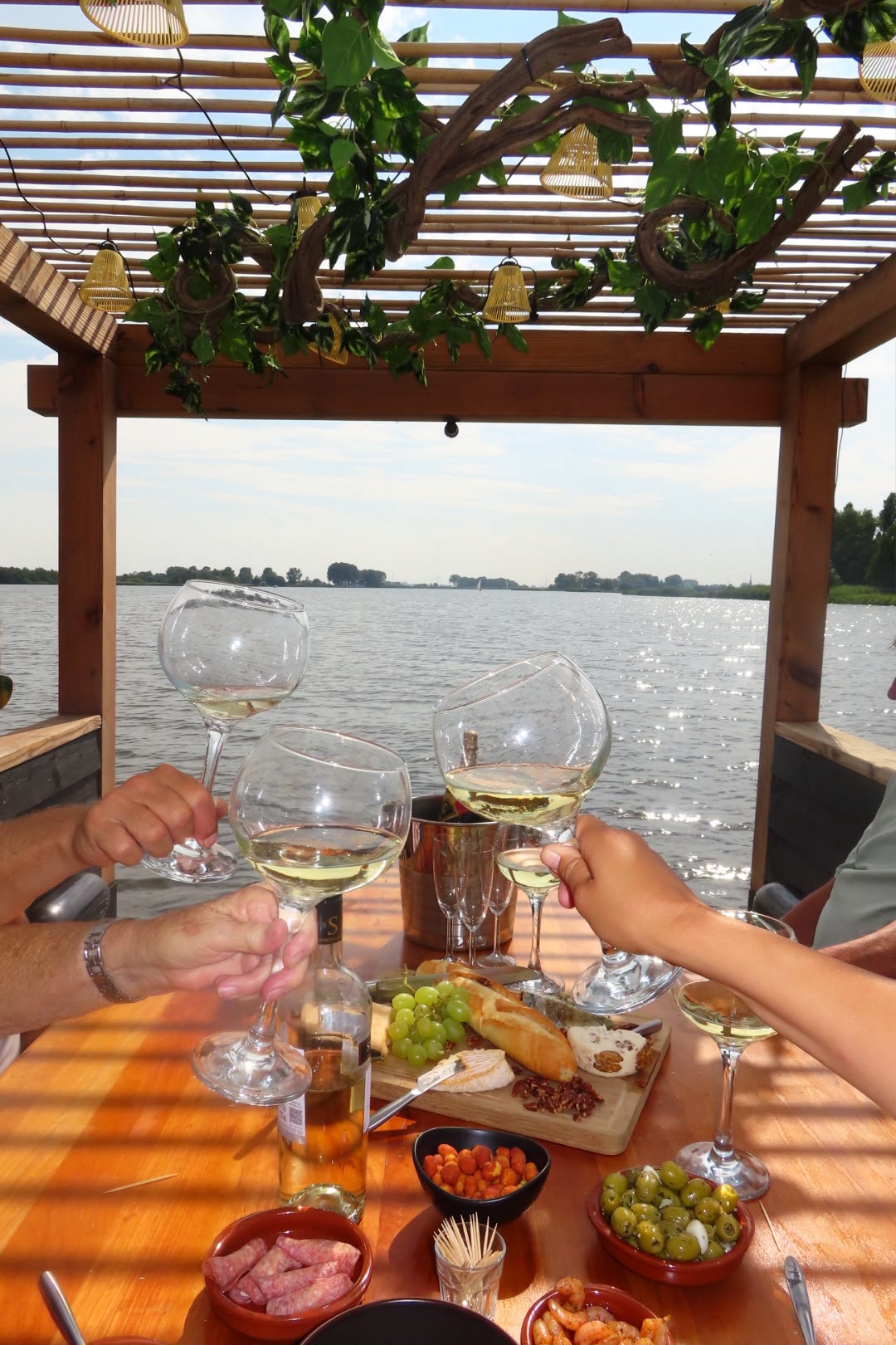 Gasten proosten rond de borreltafel aan boord